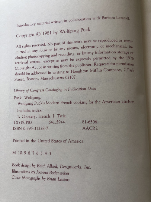 Acknowledgement page of the book, "Wolfgang Puck’s Modern French Cooking for the American Kitchen," created in collaboration of Barbara Lazaroff and Wolfgang Puck 