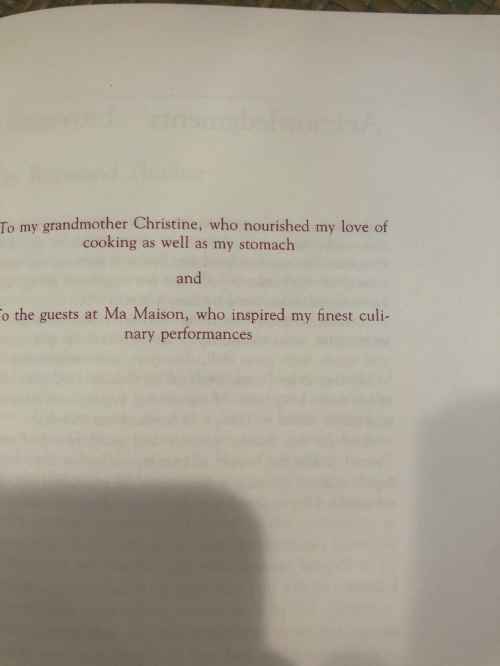 Dedication page of the book, "Wolfgang Puck’s Modern French Cooking for the American Kitchen," created in collaboration of Barbara Lazaroff and Wolfgang Puck 