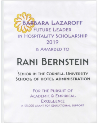 Future Leader in Hospitality Scholarship For The Pursuit of Academic & Empirical Excellence, awarded by Barbara Lazaroff