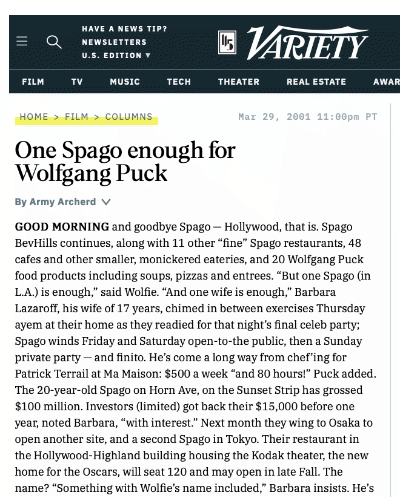 Variety, May 29, 2001: One Spago enough for Wolfgang Puck