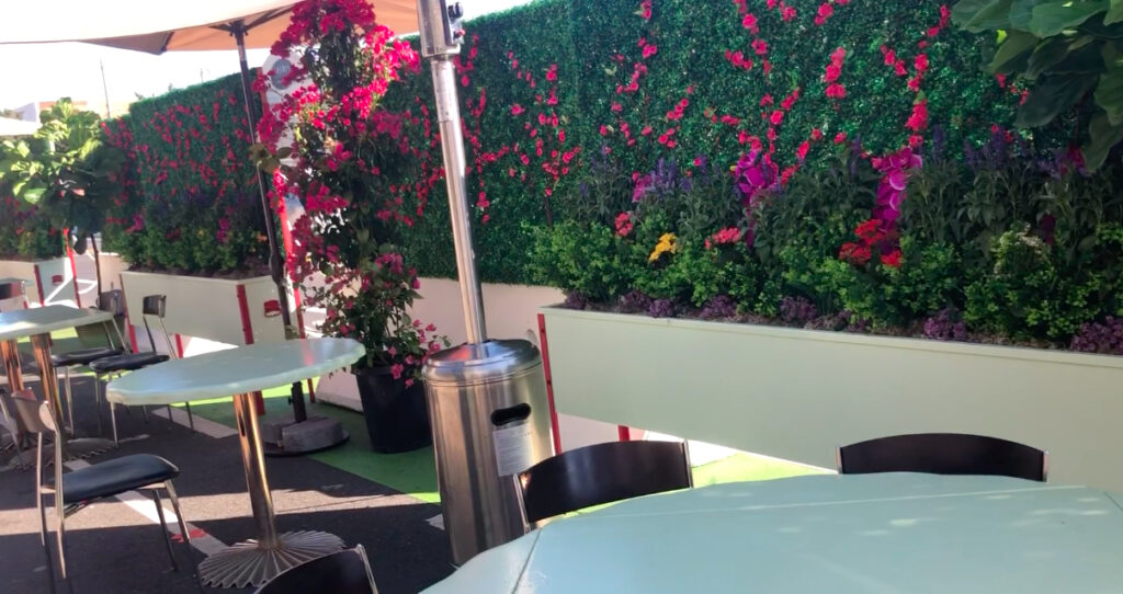 Chinois On Main outdoor dining. 3 tables on Main Street, Santa Monica September 2020