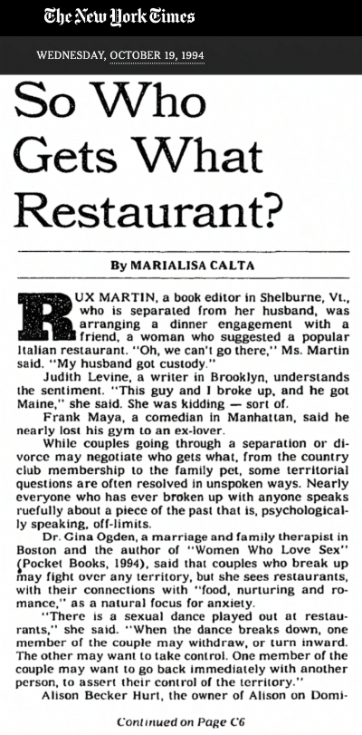 NY Times article, So Who Gets What Restaurant? Barbara Lazaroff quoted.