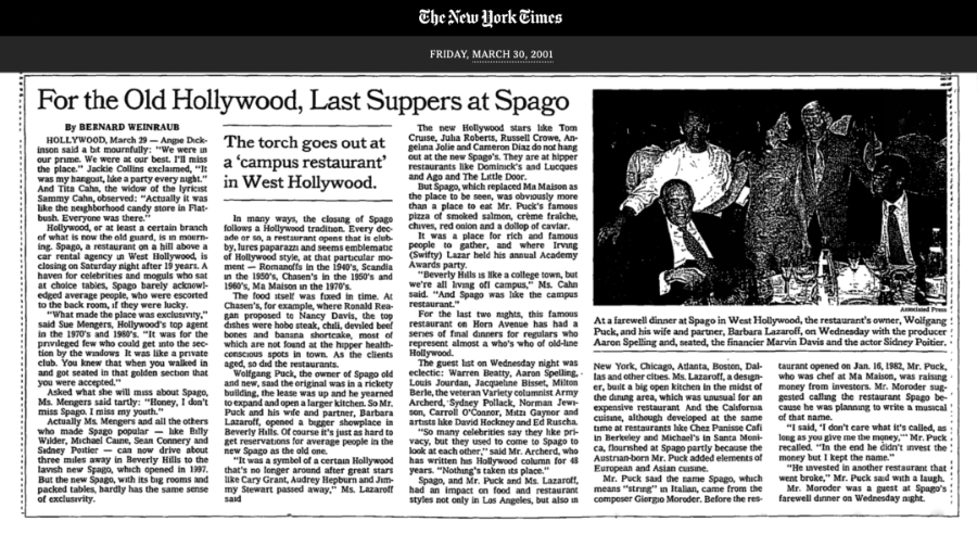 NY Times, For the Old Hollywood, Last Suppers at Spago (Hollywood)