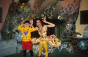 Barbara Lazaroff in her Pizza Dress having some exuberant fun with her Pizza Fire Patrol son at Granita Barbara Lazaroff in her Pizza Dress having some exuberant fun with her Pizza Fire Patrol son at Granita