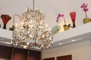 The Chandelier and upper shelves at Barbara Lazaroff's Frette display